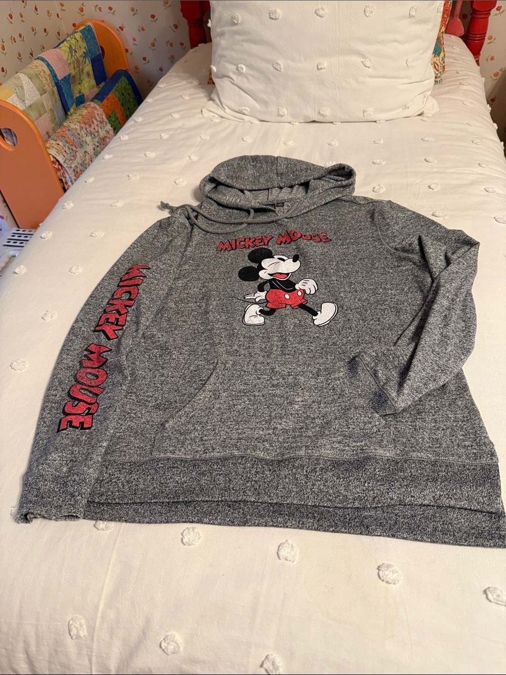 Disney Gray Hooded Sweatshirt with Mickey Mouse Graphic and Red Accents